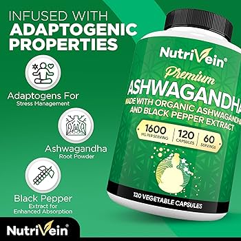 Nutrivein Organic Ashwagandha Capsules 1600mg with Black Pepper Extract - 120 Vegan Pills - 100% Pure Root Powder Supplement - Supports Stress Relief, Immune, Energy, Stamina & Mood