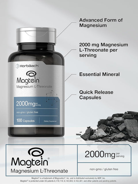Horbaach Magtein Magnesium(Magnezyum) L-Threonate Treonat 2000mg 100 Caps Men Women Gluten Free