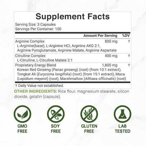 Deal Supplement Nitric Oxide Booster Arginine Akg & Citrulline Panax Complex Energy 3,000mg 300 Caps