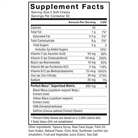 Force Factor Perfect Maca DIM+Saffron+Black Maca Antioxidants 60 Soft Chews