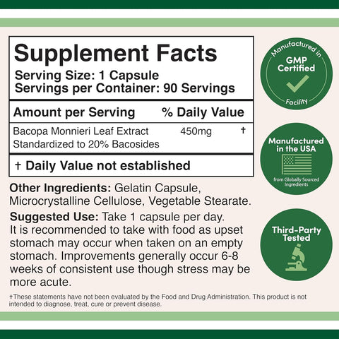 Double Wood Bacopa Monnieri Memory Supplement 450mg, 90 Caps