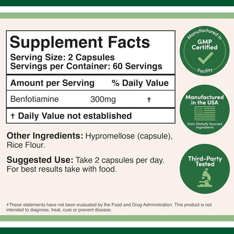 Double Wood Benfotiamine 300mg Servings (Third Party Tested, 120 Capsules, 150mg Per Cap) Non-GMO, to Boost Thiamine B1 Levels (More Absorbable Than Thiamine