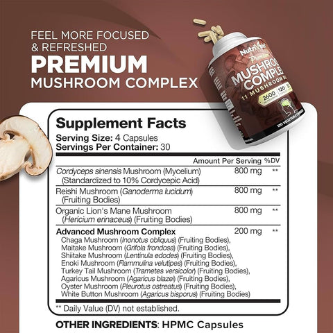 Nutrivein Mushroom Nootropic Complex Lion's Mane Cordyceps Chaga Reishi Turkey Tail Maitake