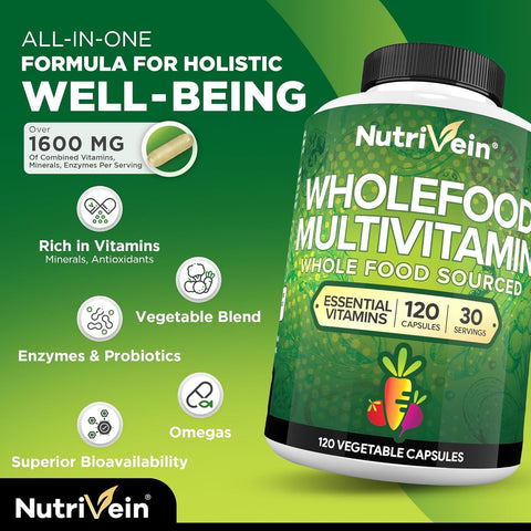 Nutrivein Whole Food Multivitamin Men & Women (Folate+Niacin+Biotin+Molybdenum 120 Caps