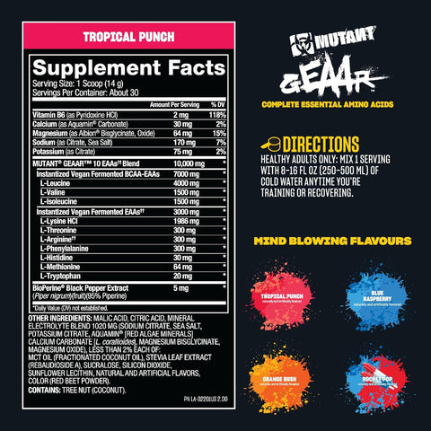 Mutant GEAAR - 9.4g of EAA Amino Powder + Arginine, 7g BCAAs, 4g Leucine, Electrolytes
