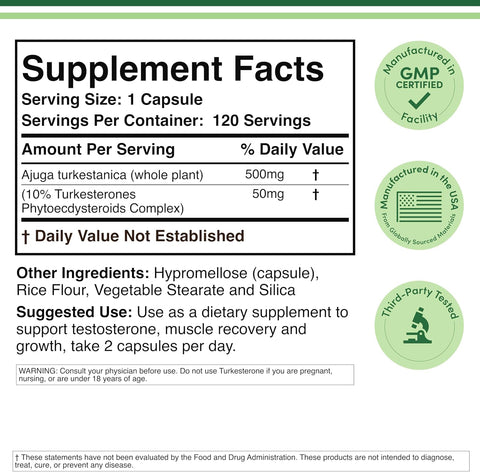 Double Wood Turkesterone (Ajuga Turkestanica Extract Std. to 10% Turkesterone) Similar to Ecdysterone for Men's Health Support 500mg, 120 Caps
