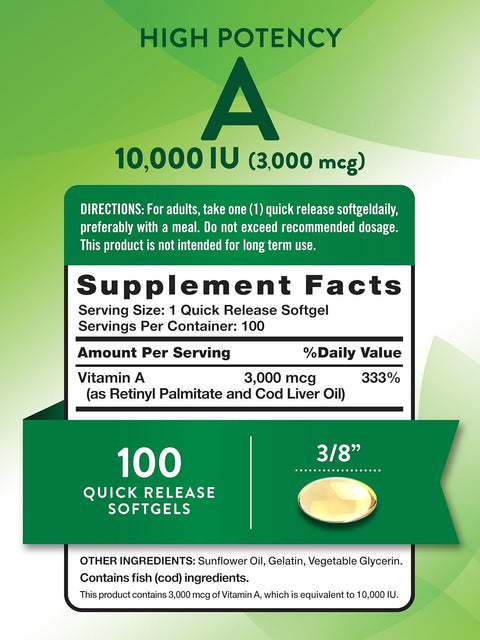 Nature's Truth, Vitamin A, High Potency, 10,000 IU (3,000 mcg), 100 Quick Softgels