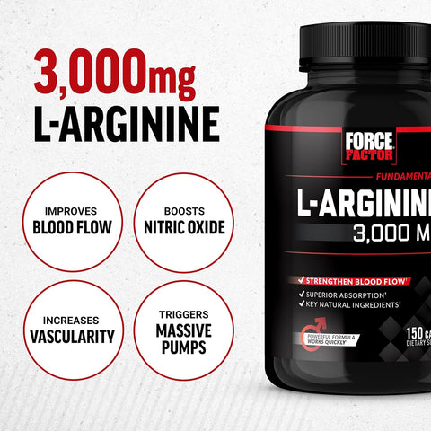 FORCE FACTOR L-Arginine Nitric Oxide BioPerine Help Build Muscle and Support Stronger Blood Flow, Circulation, Nutrient Delivery, and Pumps, L-Arginine 3000mg, 3g, 150 Capsules