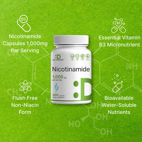 Deal Supplement Niacinamide Vitamin B3 1,000mg Per Serving, 500 Capsules - Cilt Sivılce desteği