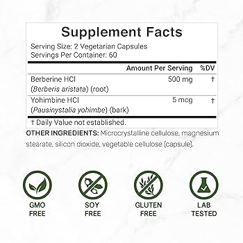 Deal Supplement Berberine Supplement with Yohimbine 500mg Per Serving 120 Veggie Caps
