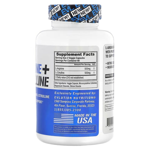 EVLution Nutrition L-Arginine + L-Citrulline Nitrix Oxide 120 Veggie Caps