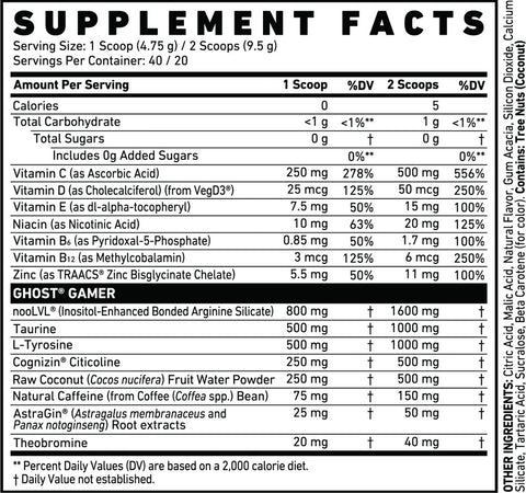 GHOST GAMER Energy and Focus Support Nootropıcs 40 servis (Arginine+Zinc+Tyrosine+Taurine)