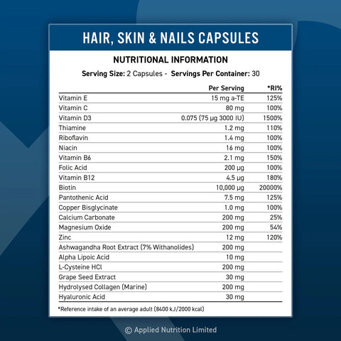 Applied Nutrition Hair, Skin & Nails, (BİOTİN+B12+MAGNESİUM OXİDE+GRAPE+COLLAGEN+FOLİC ACİD 60 Caps