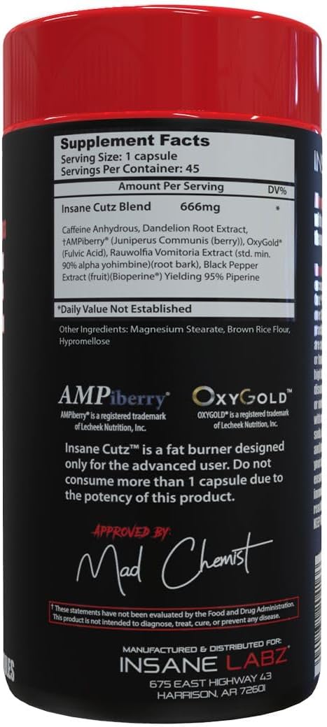 Insane Labz Insane Cutz Intense Cuts Fat Burner Men Women Thermogenic Weight Loss Appetite 45 Caps