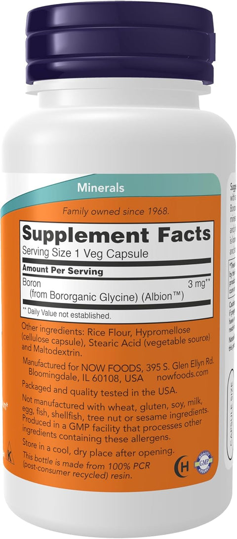 NOW Foods Boron 3 mg Bororganic Glycine Structural Bone Support 100 Veg Caps