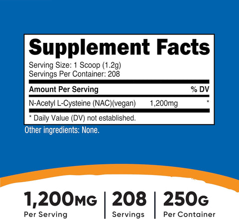 Nutricost N-Acetyl L-Cysteine NAC Powder 250 Gram 208 Servis