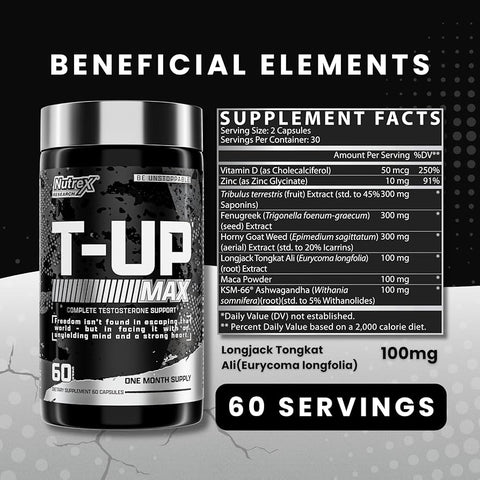 Nutrex T-Up Max Testo Booster 60 Caps Tribulus+Fenugreek+Maca+Tongkat Ali+Ksm66 Ashwagandha