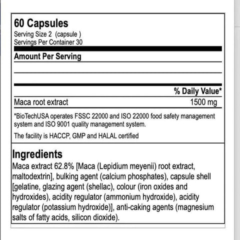 BioTech USA 1500 Mg MACA ROOT (maca tozu) 60 capsules