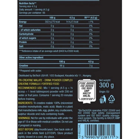 BIOTECH USA 100% Creatine(Kreatin) Monohydrate 500 gram - 147 SERVİS (Amerikan versiyon)