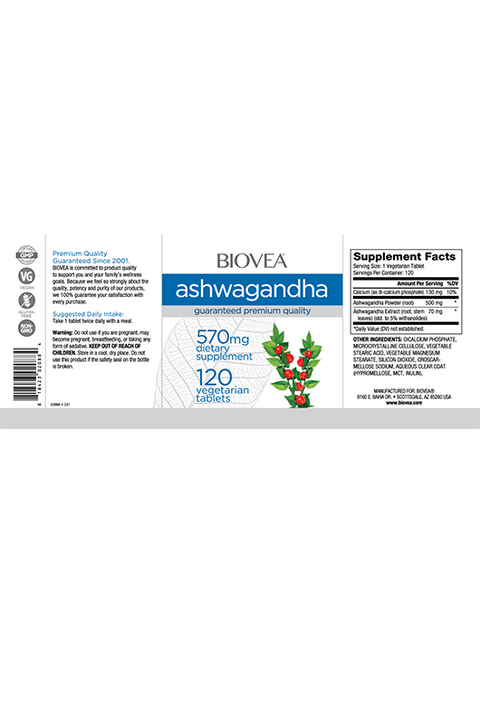 Biovea Ashwagandha 570mg 120 Vegetarian Tablets - Supplementhane