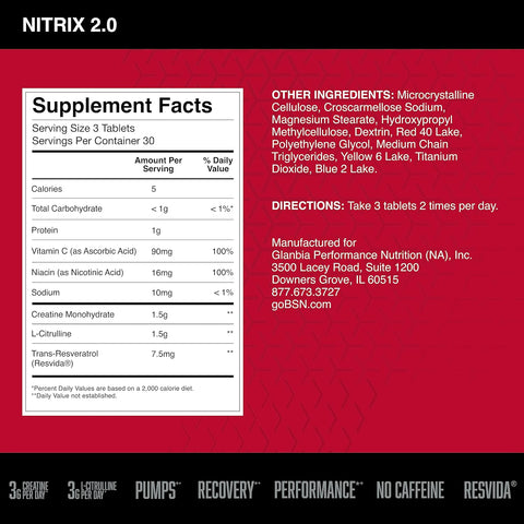 BSN NITRIX 2.0 Creatine Citrulline Resveratrol Muscle Recovery 90 Tablet