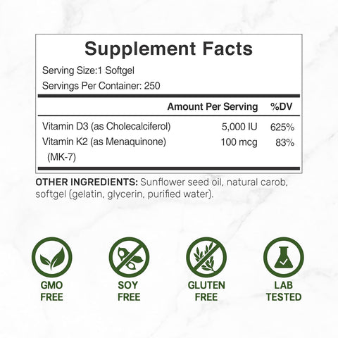 DEAL SUPPLEMENT Vitamin D3 5,000 IU + K2 MK7 250 Softgels Bone Teeth & Immune Health