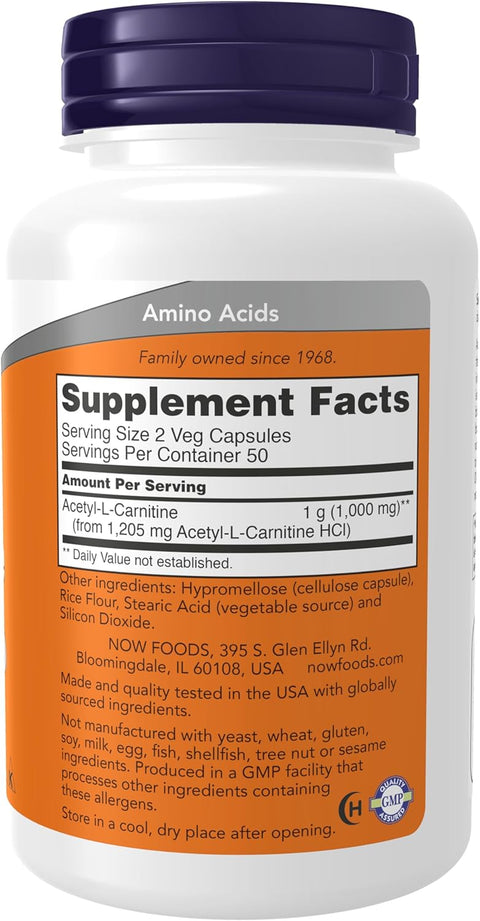 NOW Foods Acetyl-L Carnitine 500 mg Amino Acid Brain And Nerve Cell Function 100 Veg Capsules