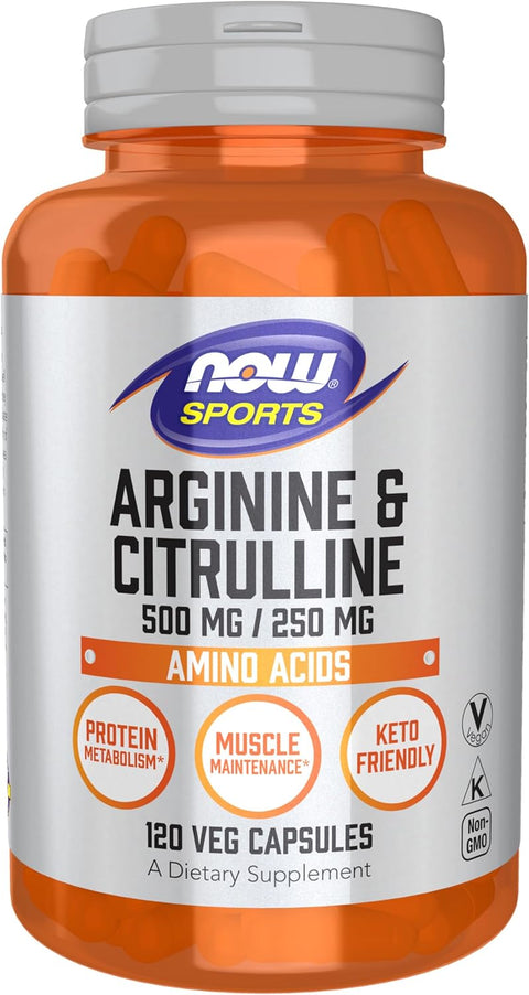 NOW Sports Nutrition Arginine & Citrulline 500 mg 250 mg Amino Acids 120 Veg Caps