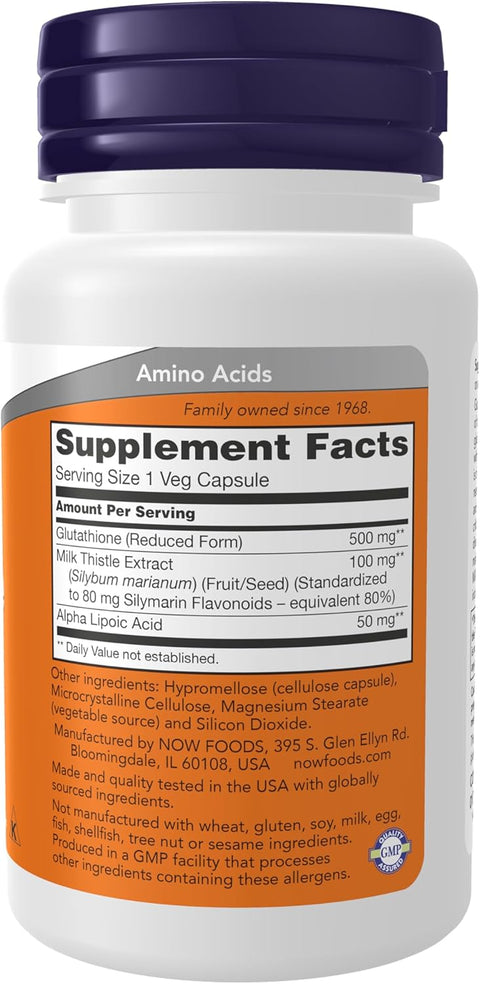 NOW Foods Glutathione 500 mg With Milk Thistle Extract & Alpha Lipoic Acid Detox Free Radical Neutralizer 30 Veg Caps
