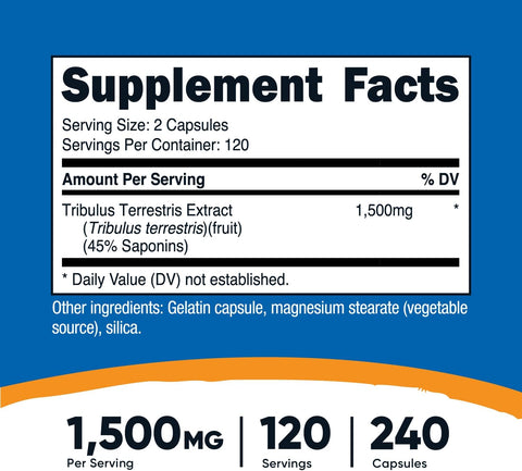 Nutricost Tribulus Terrestris Extract Men's Health 1500mg 240 Caps 45% Saponins 120 Servings