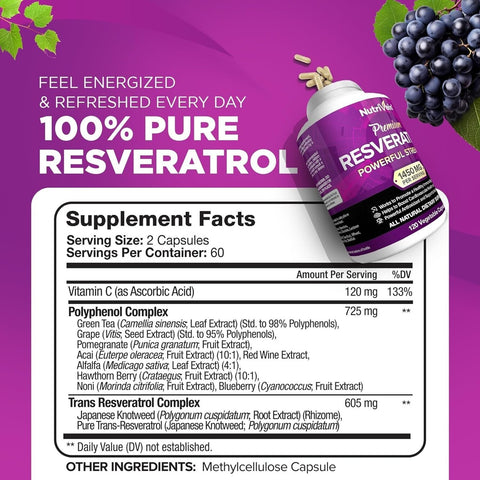 Nutrivein Resveratrol with Green Tea Leaf & Acai Berry-Aging, Defenses, Brain, and Joint Support 120