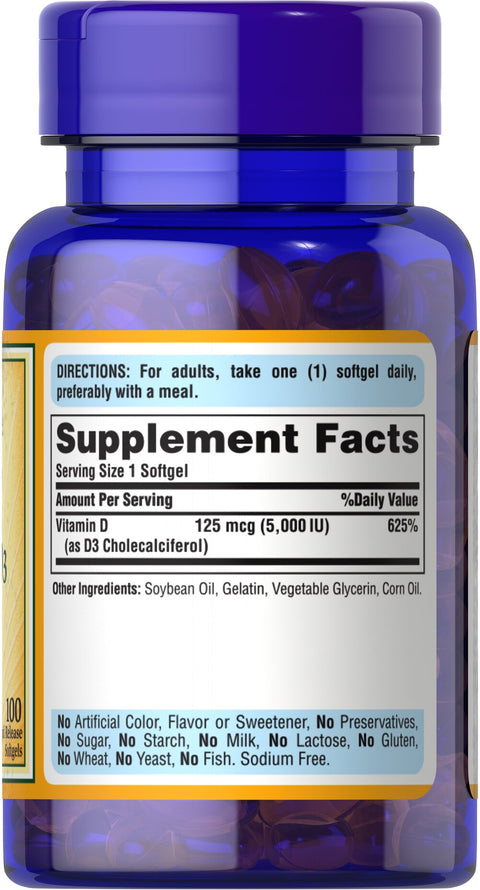 Puritan's Pride Vitamin D3 125 mcg (5000 IU), 100 Softgels