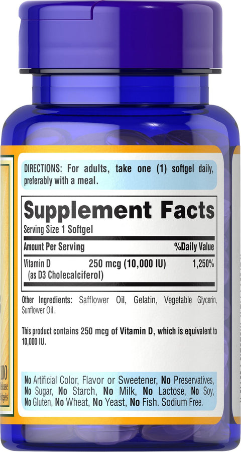 Puritan's Pride Vitamin D3 250 mcg (10000 IU), 100 Softgels