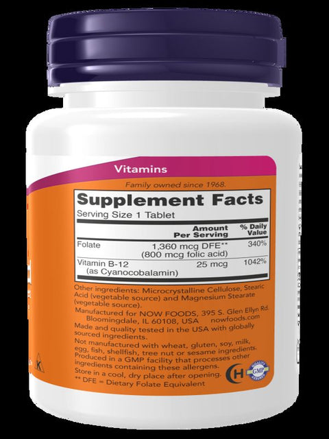 Now Folic Acid B12 Complex 800 mcg with Vitamin B-12 100 Tablets