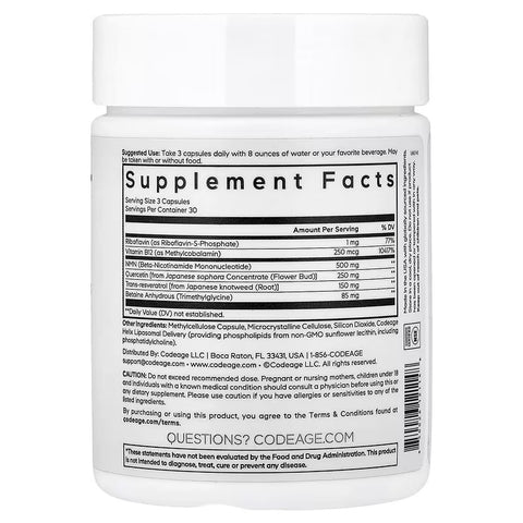 Codeage Liposomal NMN Platinum Vitamin B12 , Trans-resveratrol , Quercetin 90 Vegetable Capsules