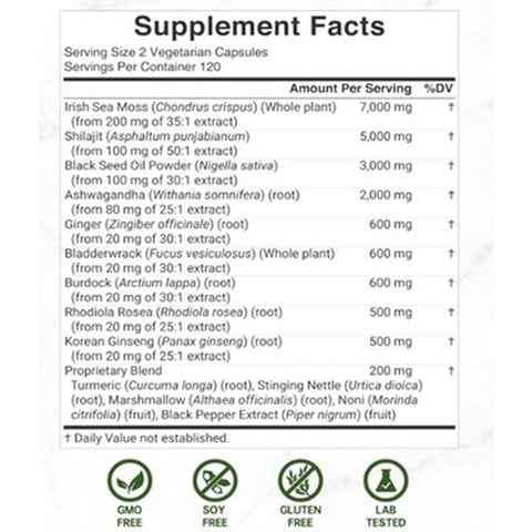 Deal Supplement Irish Sea Moss Shilajit Korean Ginseng Rhodiola Rosea 7,000mg 240 Veggie Caps