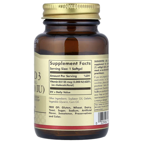 Solgar Vitamin D3  Healthy Bones & Teeth Immune System 125 mcg 5000 IU 100 Softgels