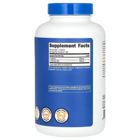 Nutricost L-Arginine + L-Ornithine Nitric Oxide 750 mg 180 Capsules