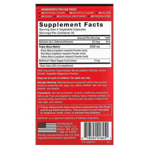 Force Factor Maca Max Maximize Performance Black Maca, Red Maca, & Yellow Maca  2000mg, 120 Cap