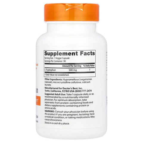 Doctor's Best L-Tryptophan Mood & Sleep Support 500 mg 90 Veggie Caps