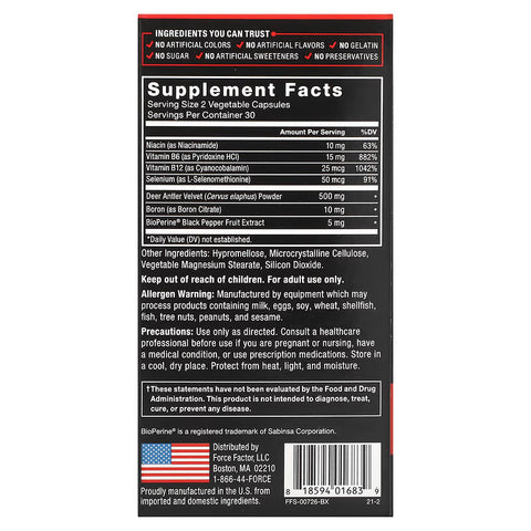 Force Factor, Deer Antler Velvet Testo (IGF-1), 60 Capsules