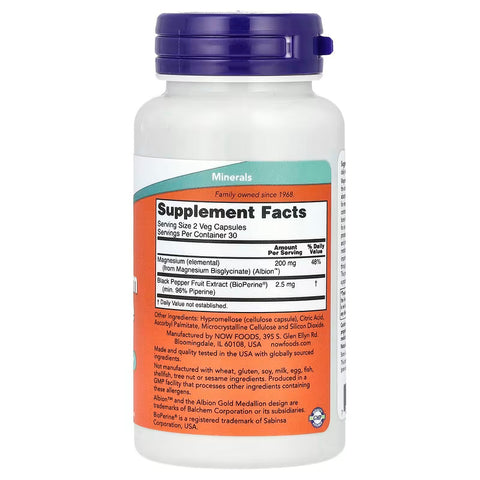 NOW Foods Magnesium Glycinate With BioPerine Nervous System Support 60 Veg Capsules