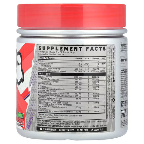 Ghost Burn Choline Bitartrate , Acetyl-L-Carnitine HCl , L-Tyrosine , KSM66 , NeuroFactor Burner Kiwi Strawberry 300 g