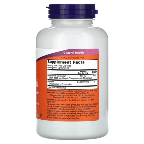 NOW Foods, Magtein®, Magnesium(Magnezyum) L-Threonate, 2,000 mg, 180 Veg Caps