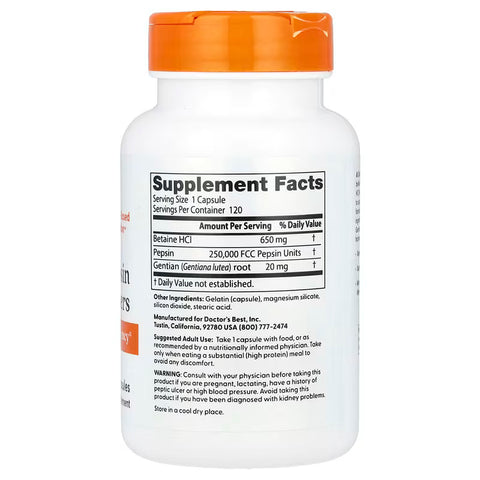 Doctor's Best Betaine HCl Pepsin & Gentian Bitters Gut Digestive Health 120 Capsules