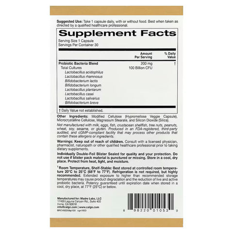 California Gold Nutrition LactoBif 100 Probiotics Gut Health 100 Billion CFU 30 Veggie Capsules