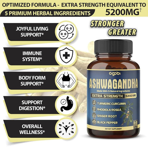 Agobi Ashwagandha Agobi Hint Ginseng+Turmeric+Rhodiola+Ginger root Extract Capsules 5 Herbal Ingredients 5200 mg