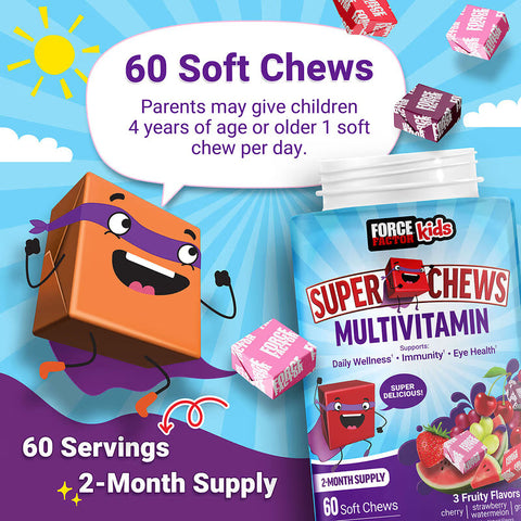 Force Factor Kids Super Chews Multivitamin Cherry Strawberry Watermelon Grape 60 Soft Chews