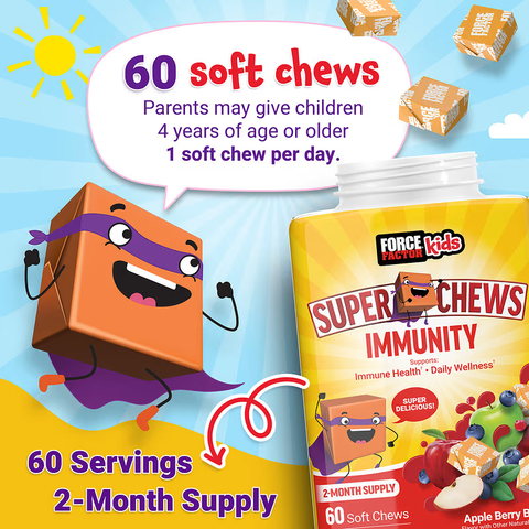 Force Factor Kids Super Chews Immunity Immune Health Apple Berry Burst 60 Soft Chews