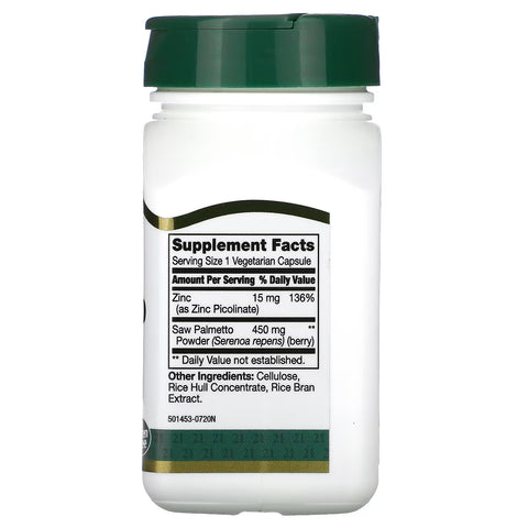 21st Century, Saw Palmetto+Zinc(Çinko), Hair Skin Health Support 450 mg, 60 Vegetarian Capsules
